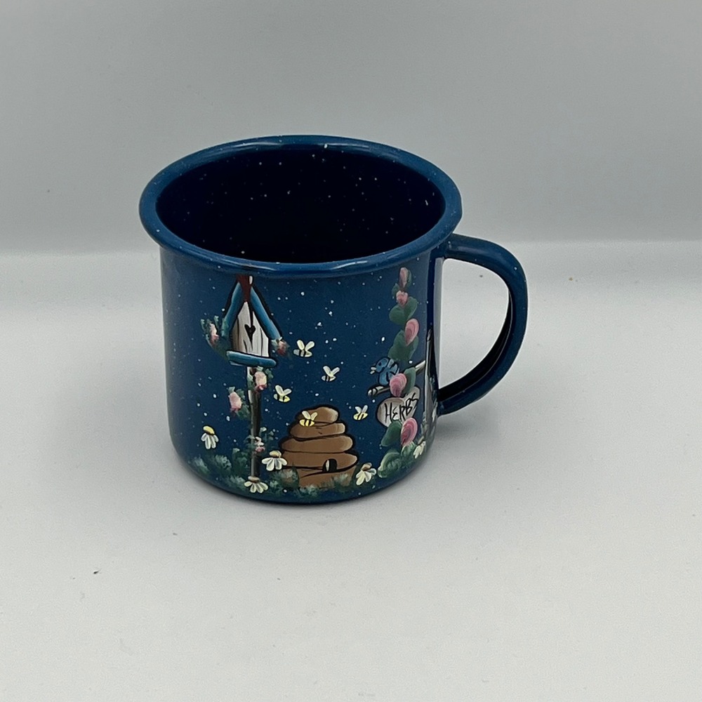 Blue Enamel Camp Mug Beehive Birdhouse Garden‎ Art Hand Painted Coffee Cup